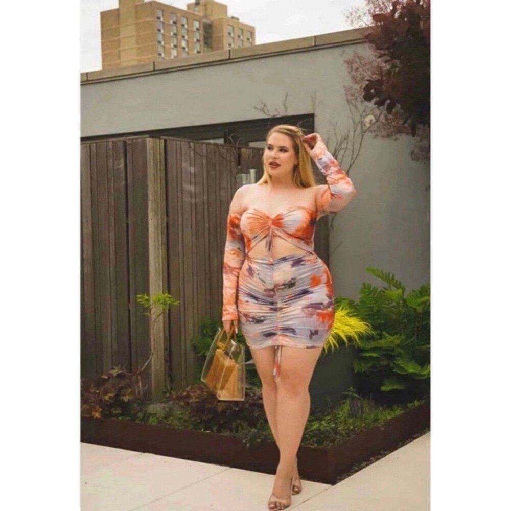 Bloomchic NWT Women Large 12 Colorful Tie Dye Off Shoulder Mini Dress Y2K Retro